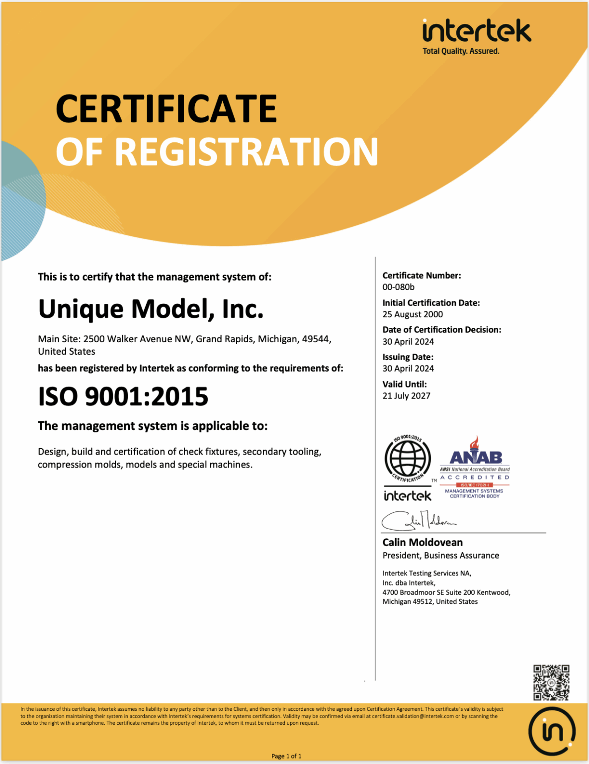 ISO/A2LA Certifications - Unique Model